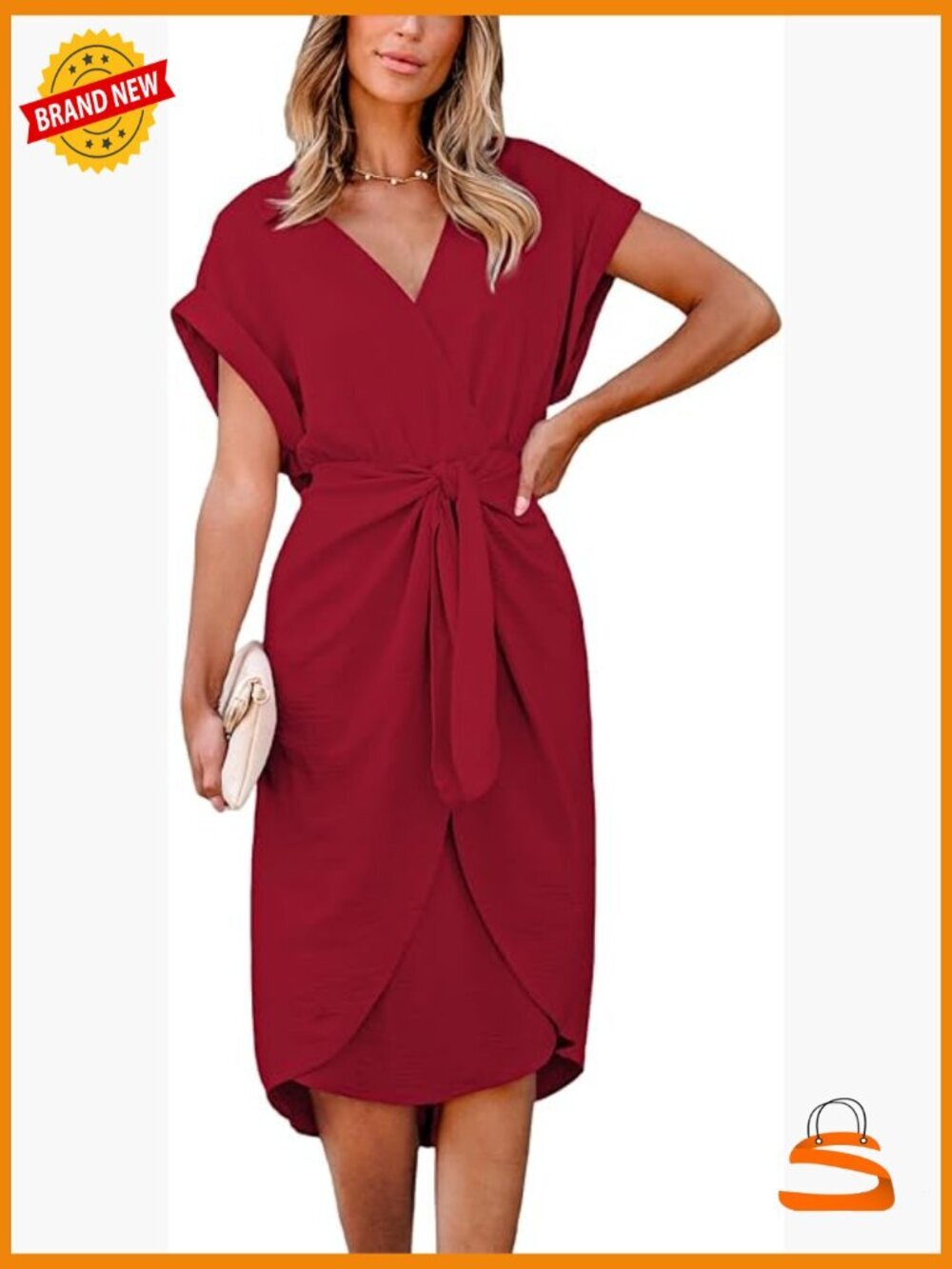 V-Neck Short Sleeve Knotted Midi Dress Wrap Style